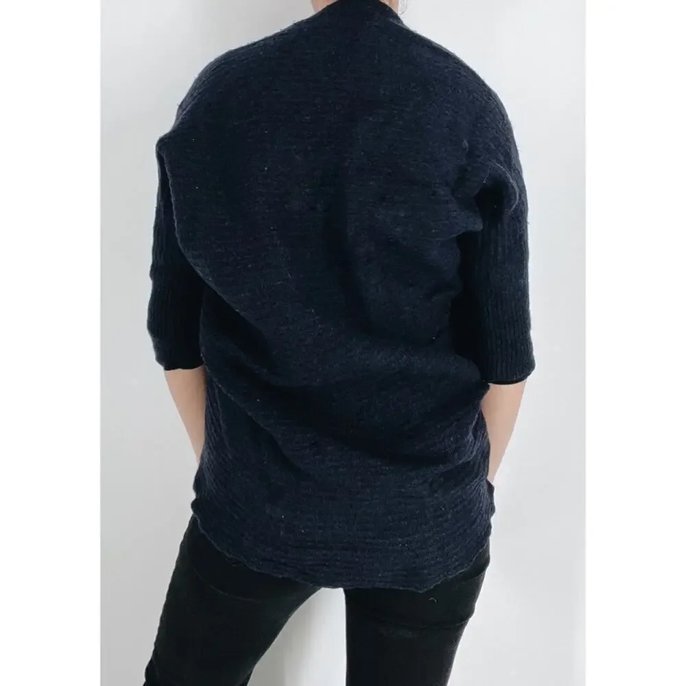 T Tahari Navy Wool Blend Quarter Sleeve Waterfall Cardigan Size Small